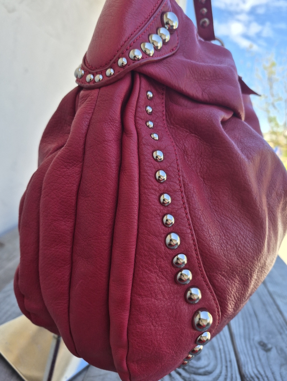 B. Makowsky Vintage Leather Studded Red Hobo Shoulder Bag - Picture 4 of 16